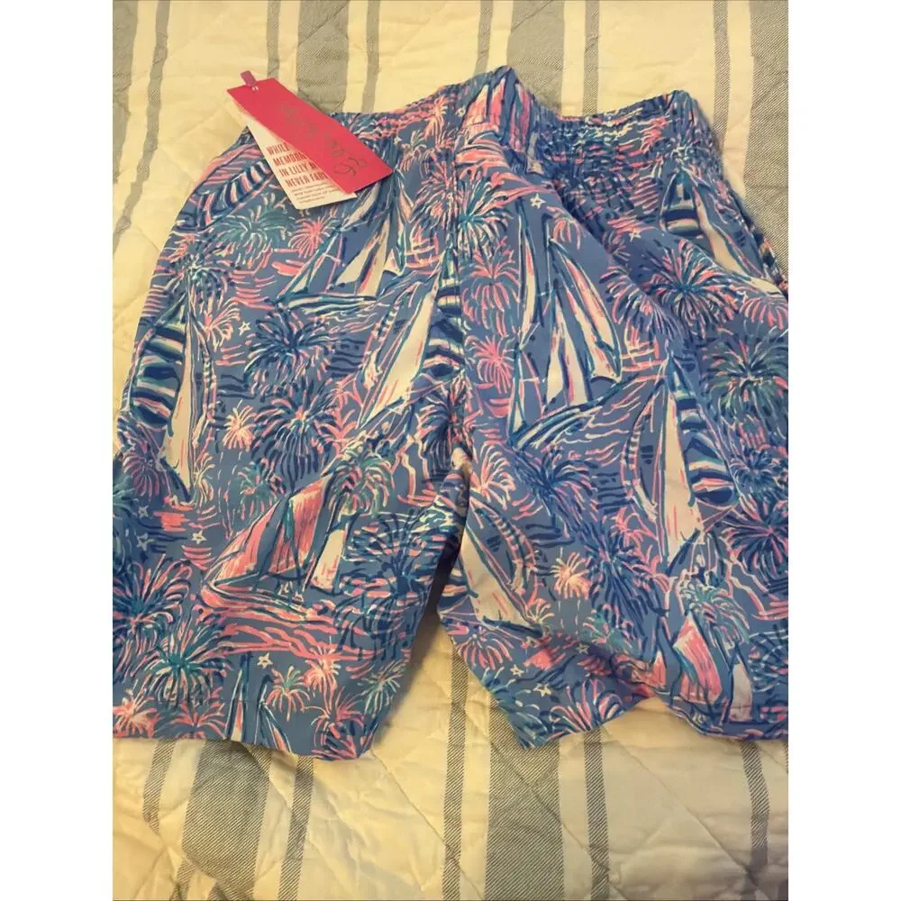 Lilly Pulitzer Boca Blue Pink Sailabration Swimsuit Swim Trunks Boys L 8/10 NWT